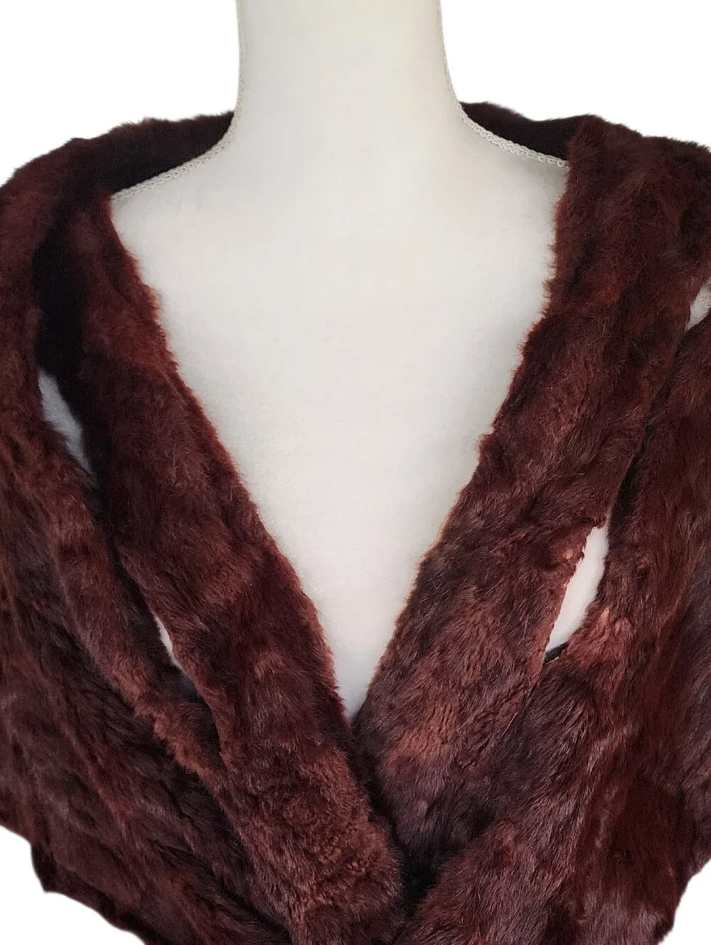 Vintage Plush Burgundy Faux Fur Wrap Shawl - Elegant Women’s Accessory